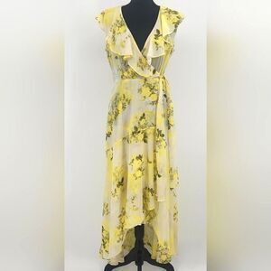 Calvin Klein Sheer Maxi Wrap Dress Size 6 Yellow Floral Chiffon Garden Fairy